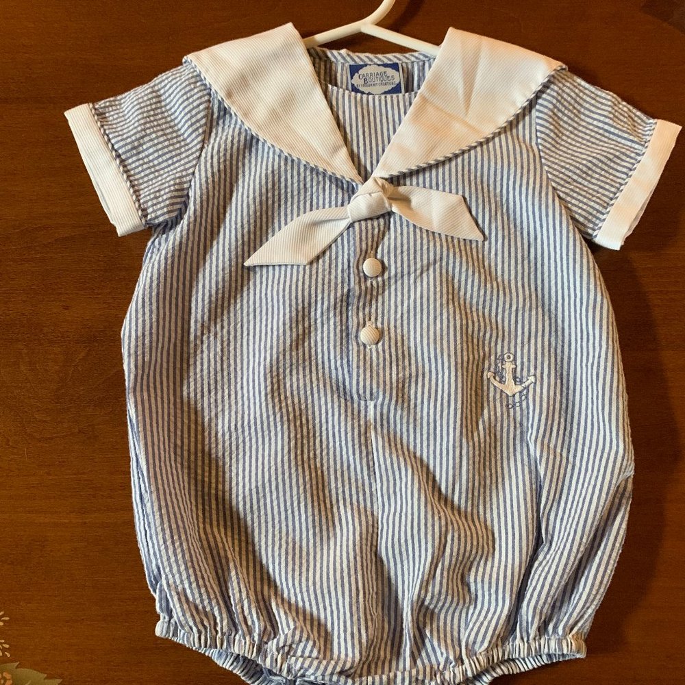 CARRAIGE BOUTIQUE VINTAGE SEERSUCKER BOYS' SHORTALLS, 9 MO.